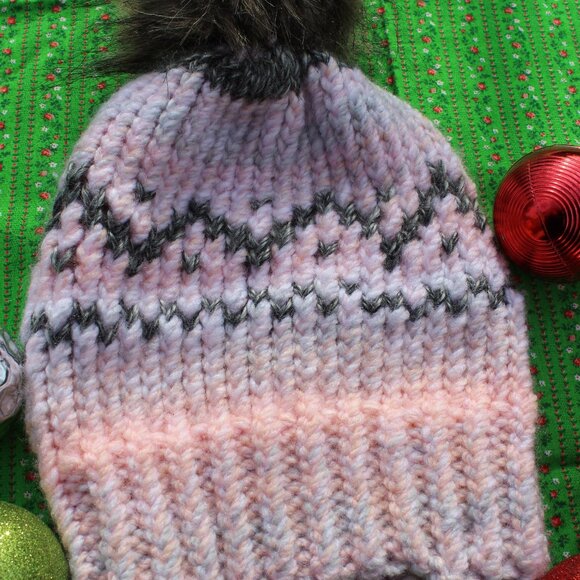 Winter Hand Knit Hat Pink Faire Isle Design Faux Fur PomPom - Picture 2 of 4
